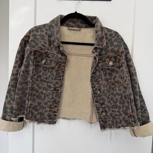 Leopard Print Cropped Denim Jacket Distressed Hem Size S